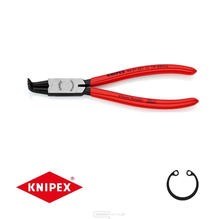 Kliešte na poistné krúžky 170 mm, vnútorne zahnuté. Knipex - 44 21 J21 - DIN 5256 D. Leštené, potiahnuté plastom
