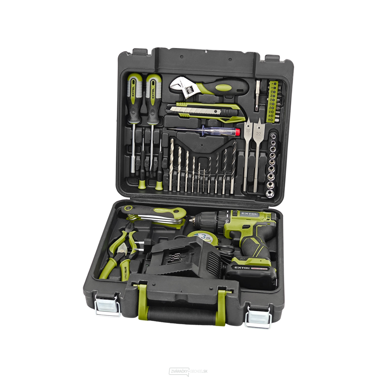 Aku vŕtací skrutkovač, BRUSHLESS, 12V Li-ion s náradím, súprava 46ks