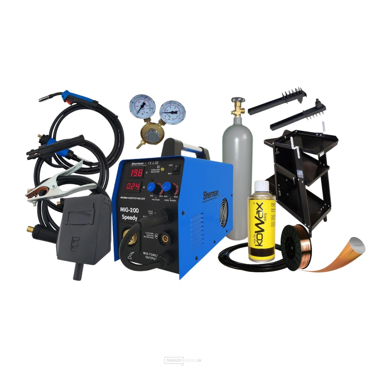 Sherman MIG 200 Speedy + horák + káble + Drôt + Vozík + Ventil + Sprej + plná Fľaša CO2