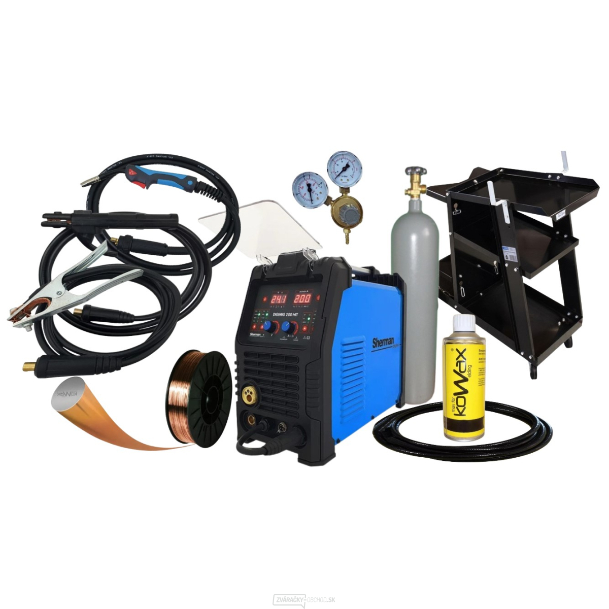 Sherman Digimig 200 HIT + Horák + Káble + Drôt + Vozík + Ventil + Sprej + plná Fľaša CO2