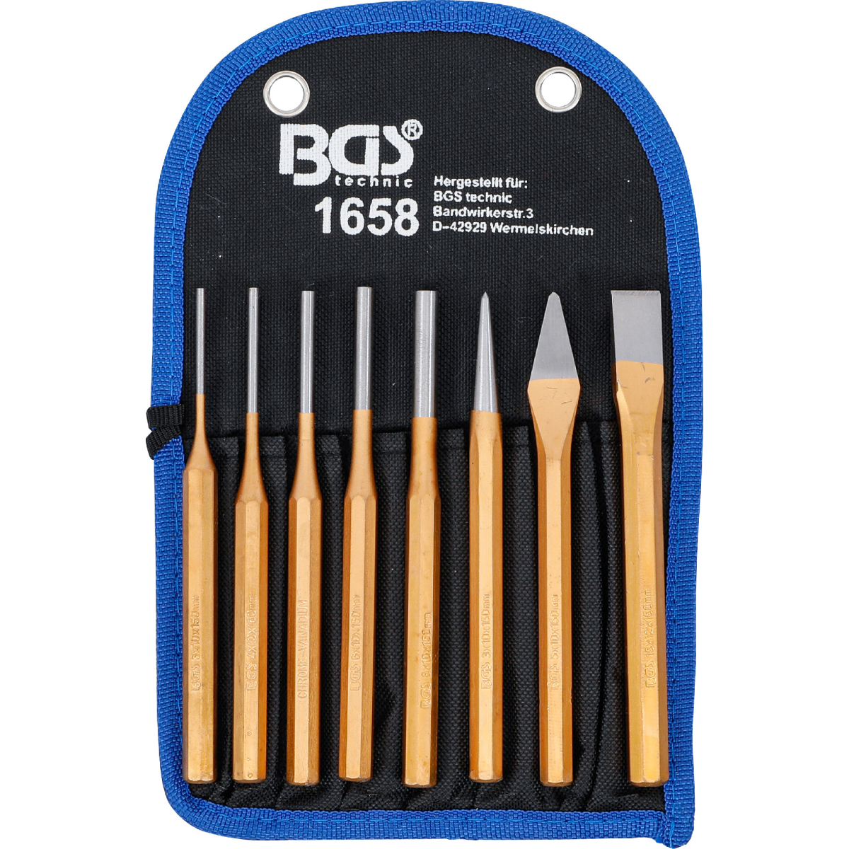 Súprava vyrážačov závlačiek BGS 1658 | 150 mm | vrátane sekáča + jamku | 8dielna