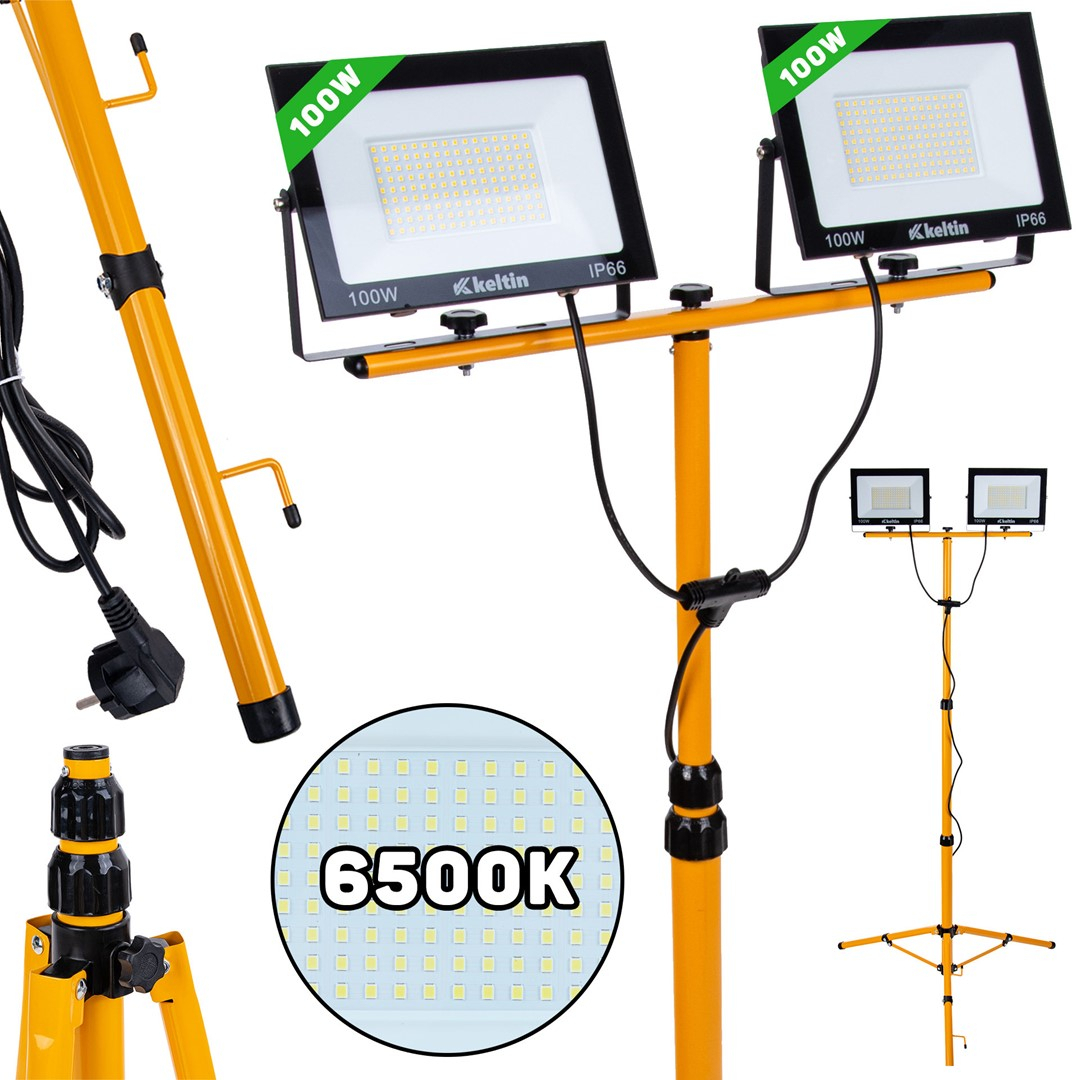 2x100W LED svetlomet s teleskopickým konštrukčným stojanom a káblom - studená biela farba 6500K (1)
