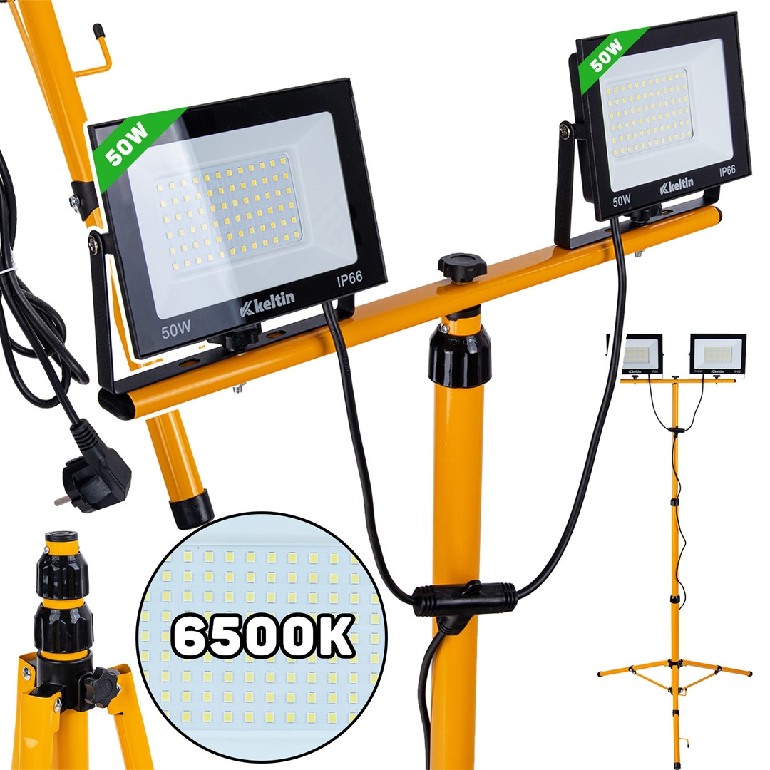 2x50W LED svetlomet s teleskopickým konštrukčným stojanom a káblom - studená biela farba 6500K (1)