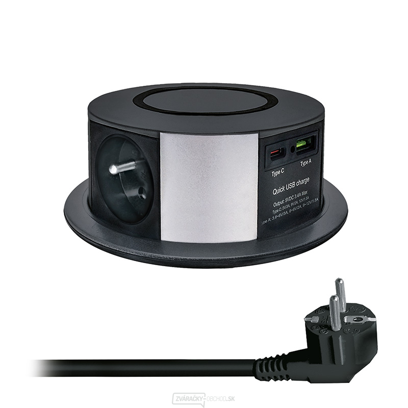 Solight 3z + USB A + C 20W PD, Wireless 10W, výsuvný blok zásuviek, 2m, čierny