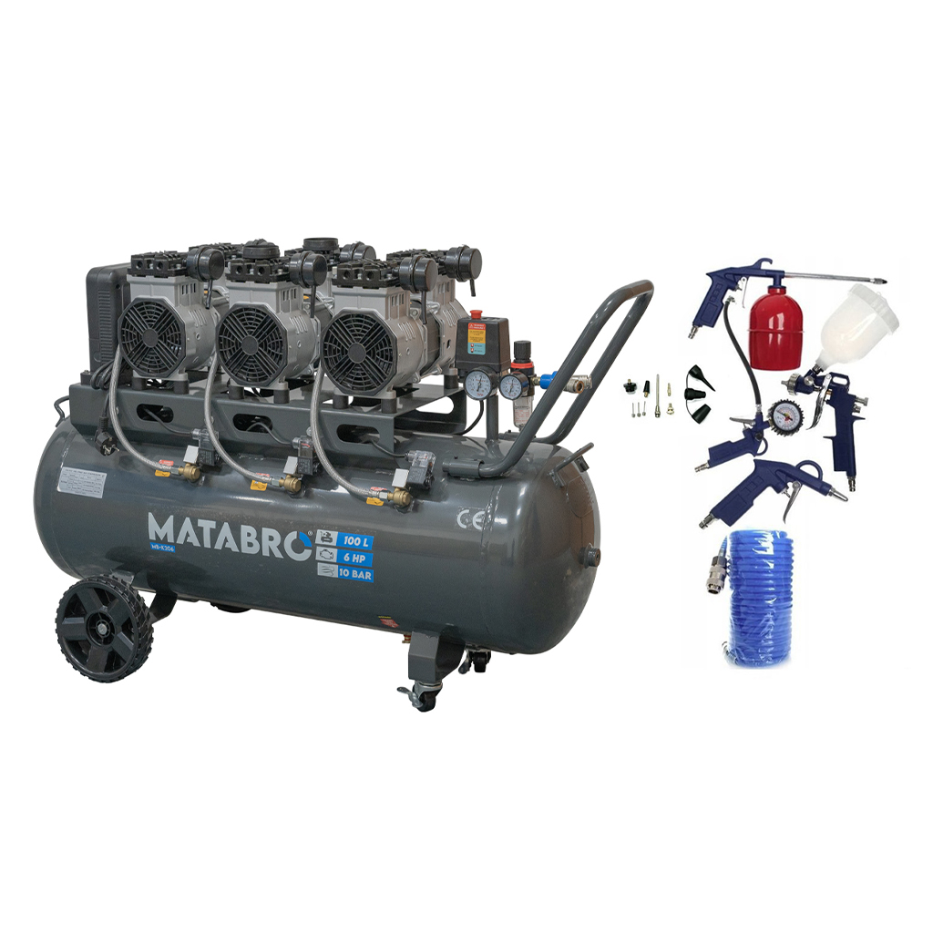 AKČNÝ SET SETMB-K206, Bezolejový kompresor 100l, 230V, 6 piestov s príslušenstvom | 4500W | Matabro