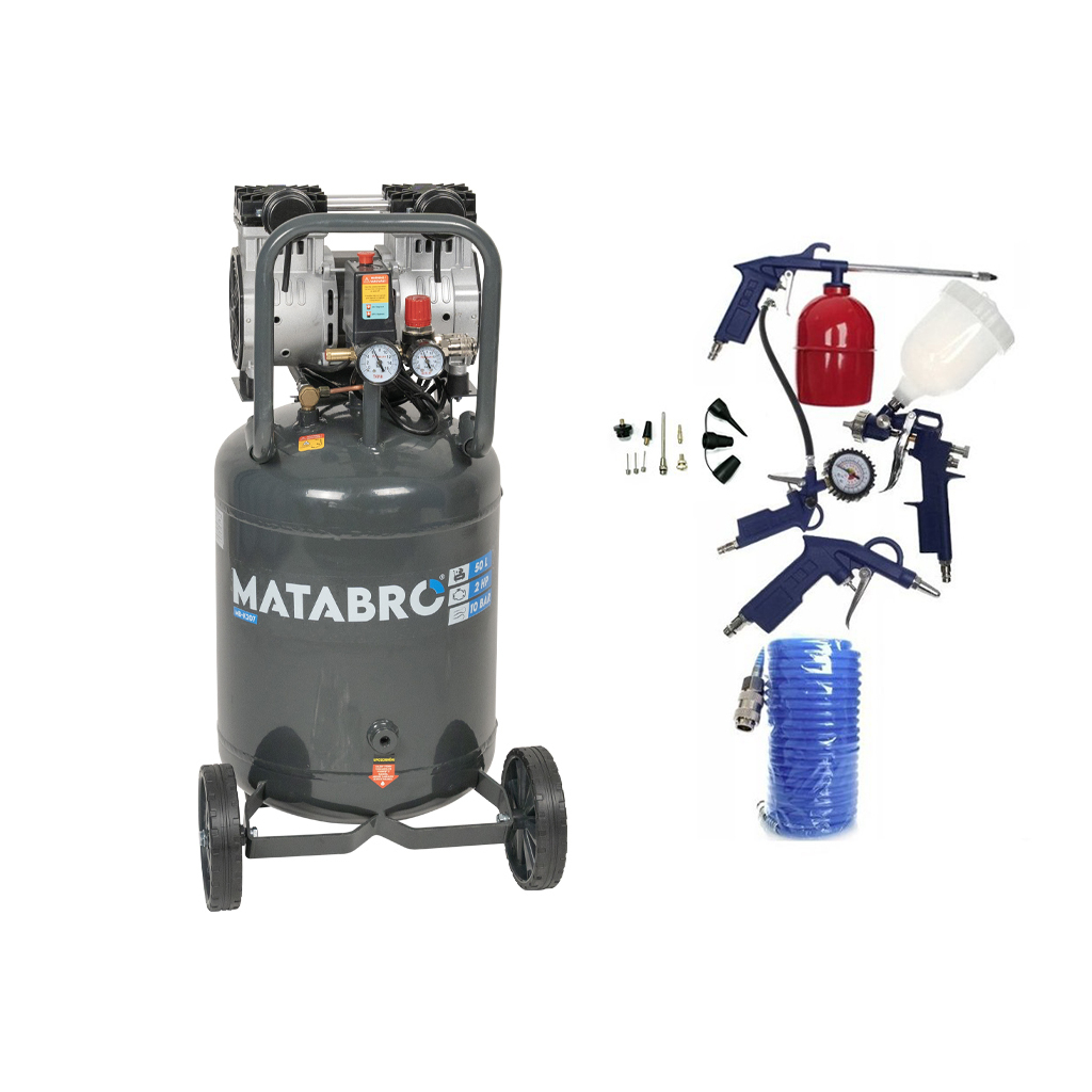 AKCIOVÁ SET SETMB-K207, Bezolejový vertikálny kompresor 50l, 230V, 2 piesty, s príslušenstvom | 2000W | 10 BAR | Matabro