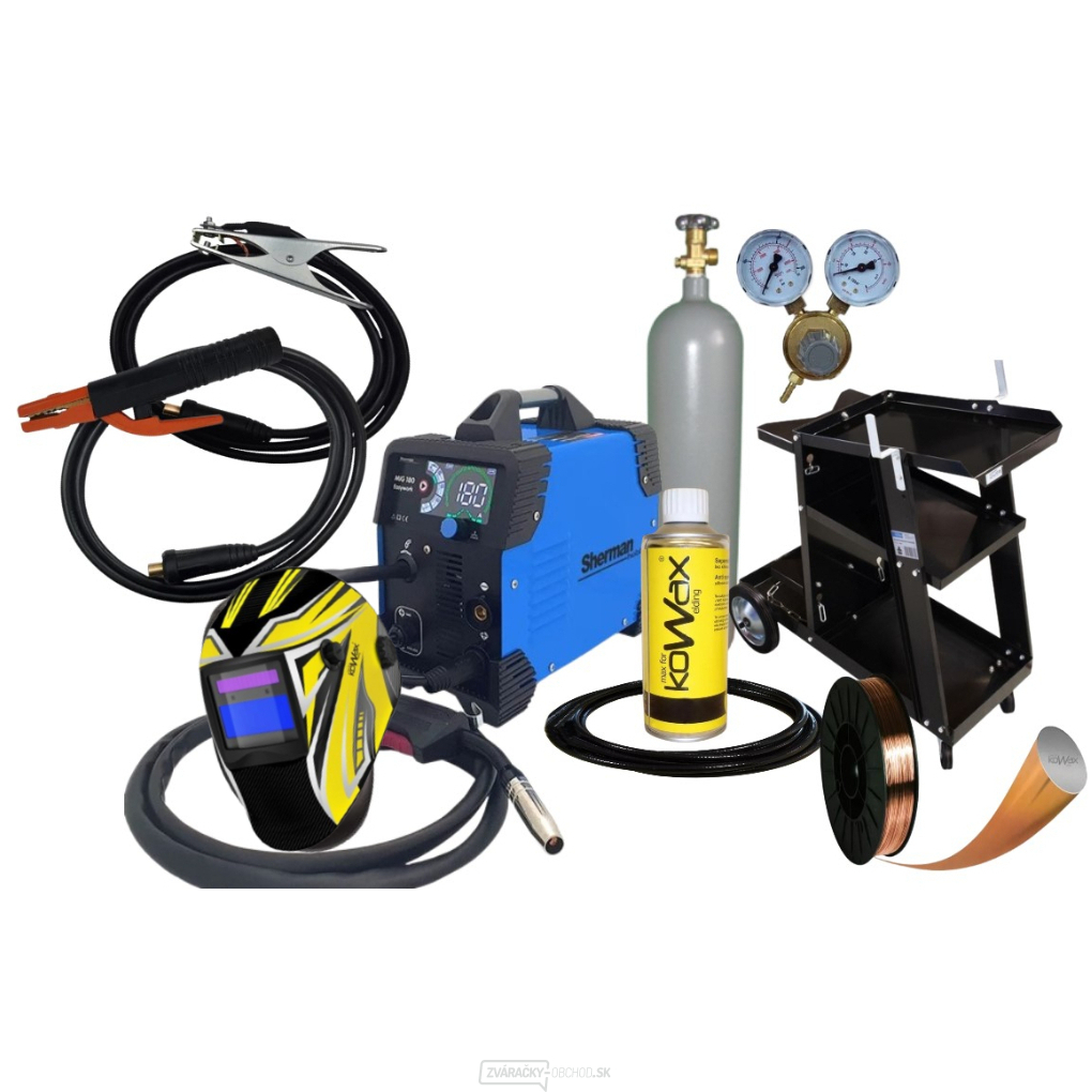 Invertorová zváračka Sherman MIG 180 Easywork + Horák + Káble + kukla + redukčný ventil + vozík + drôt + sprej + Plná fľaša