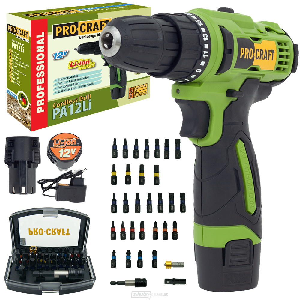 Procraft SPA12Li Kompaktný akumulátorový vŕtací skrutkovač so sadou bitov BS-32 | SPA12LiCompact/BS-32