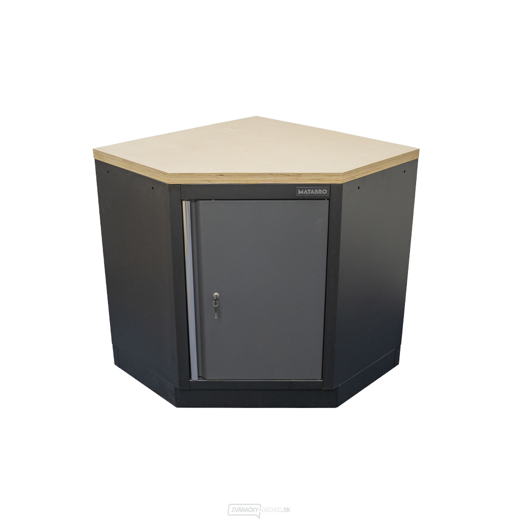 Rohová jednodverová dielenská skrinka s drevenou pracovnou doskou | 1 polica | 865x865x950 mm Matabro SET-CA01068