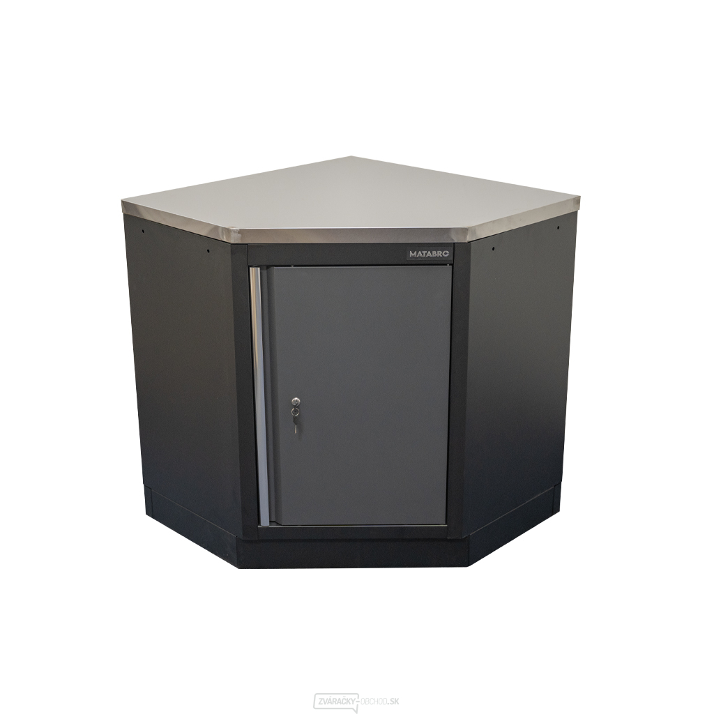 Rohová jednodverová dielenská skrinka s nerezovou pracovnou doskou | 1 polica | 865x865x950 mm Matabro SET-CA01069