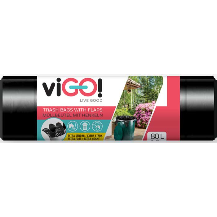 viGO! Vrecia na odpadky s uškami LD 80l/10 ks 80x90+20cm - čierne