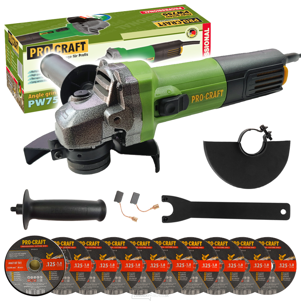 Uhlová brúska Procraft PW750 + 10x rezný kotúč CD125x1,0b v kovovej krabici | SPW750/CD125x1,0b