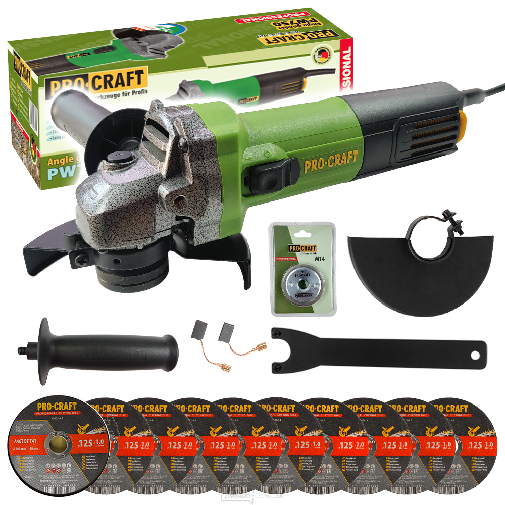 Uhlová brúska Procraft PW750 + rýchloupínacia matica RM14, 10x rezný kotúč CD125x1,0b v kovovej krabici | SPW750/CD125x1,0b/RM14