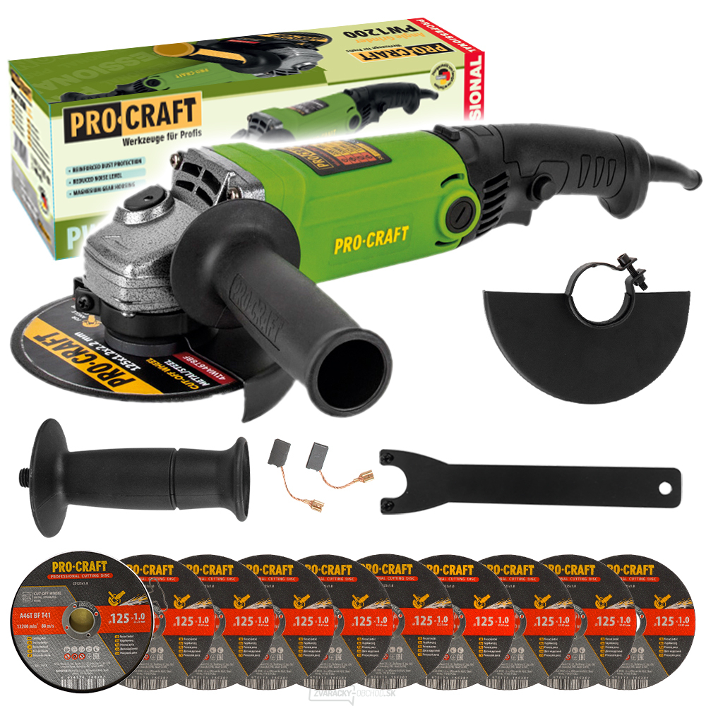 Uhlová brúska Procraft PW1200 + 10x rezný kotúč CD125x1,0b v kovovej krabici | SPW1200/CD125x1,0b