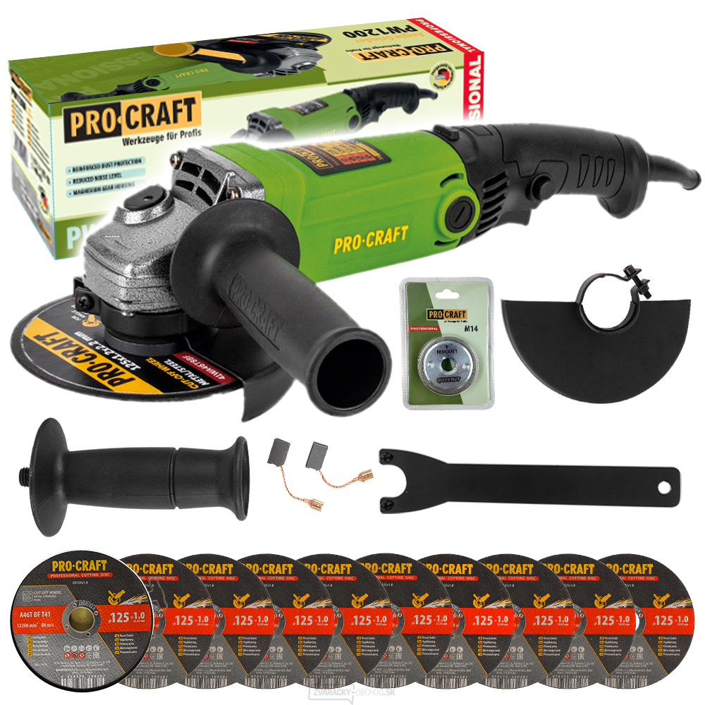 Uhlová brúska Procraft PW1200 + rýchloupínacia matica RM14, 10x rezný kotúč CD125x1,0b v kovovej krabici | SPW1200/CD125x1,0b/RM14