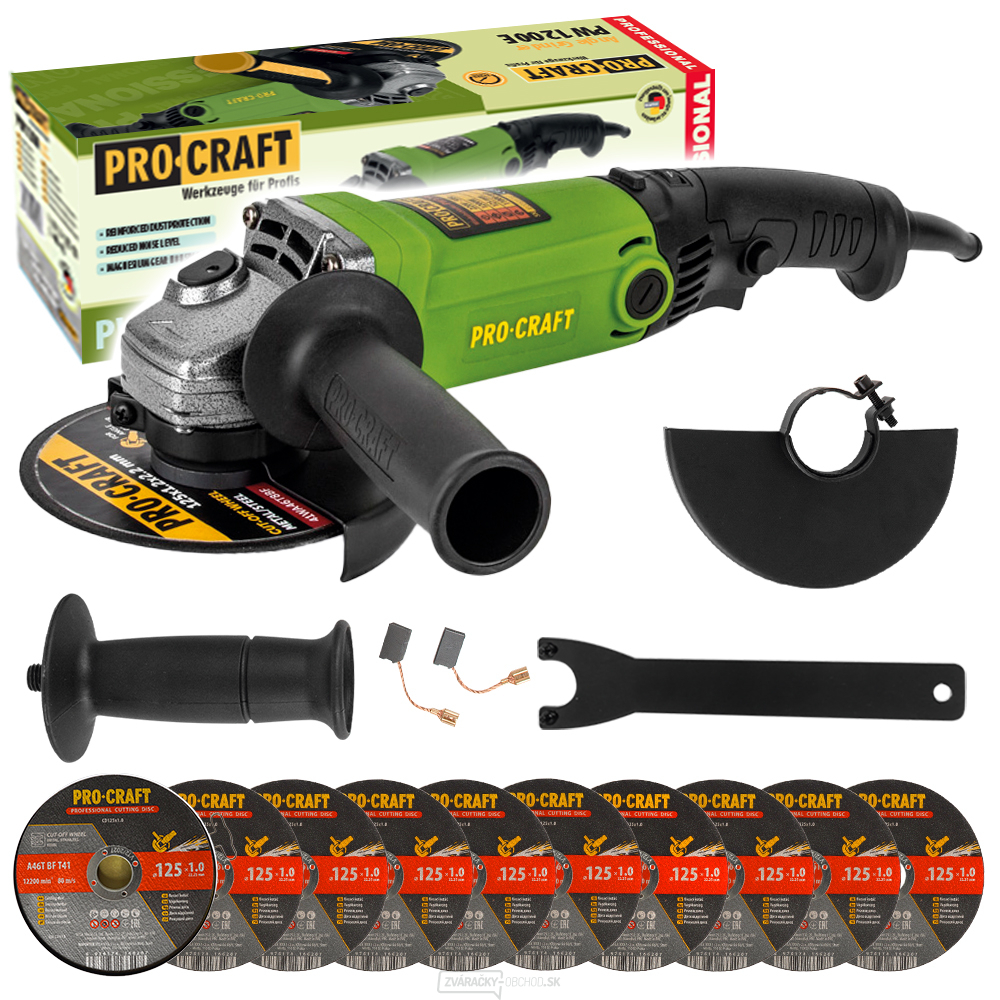 Uhlová brúska Procraft PW1200E + 10x rezný kotúč CD125x1,0b v kovovej krabici | SPW1200E/CD125x1,0b
