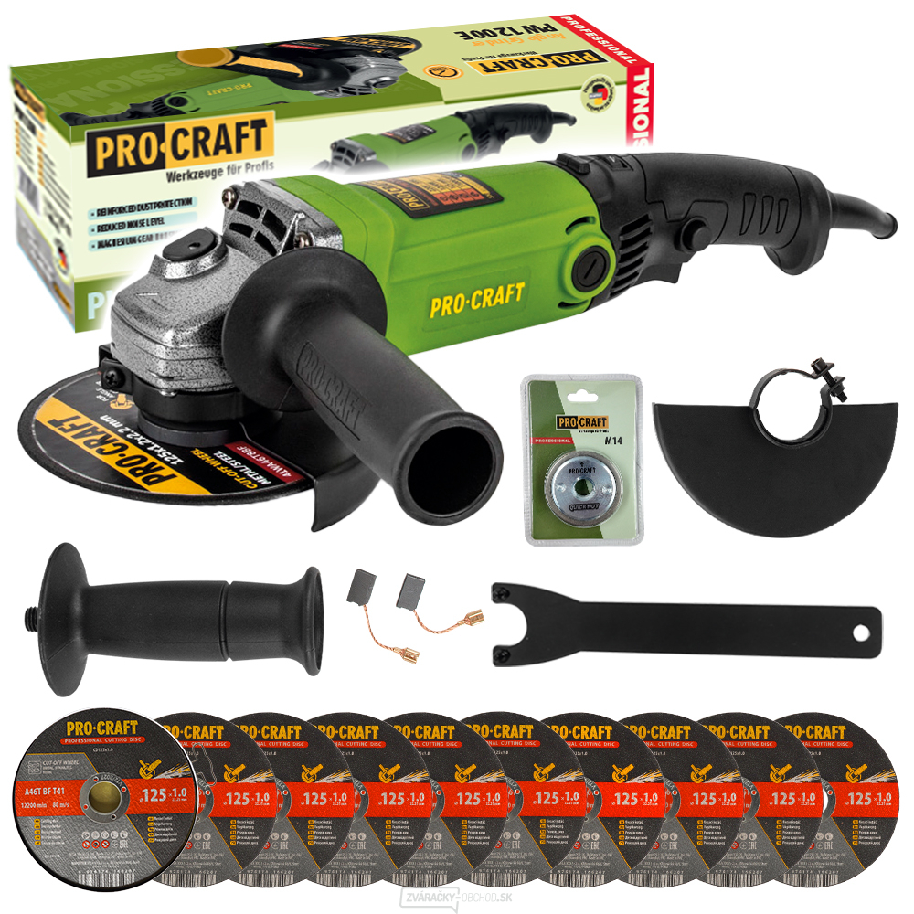 Uhlová brúska Procraft PW1200E + rýchloupínacia matica RM14, 10x rezný kotúč CD125x1,0b v krabici | SPW1200E/CD125x1,0b/RM14