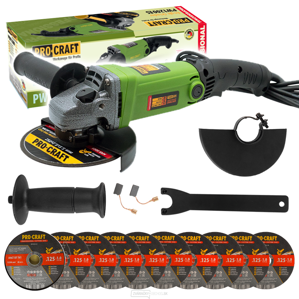 Brúska uhlová Procraft PW1200ES + 10x rezný kotúč CD125x1.0b v kovovom boxe | SPW1200ES/CD125x1.0b