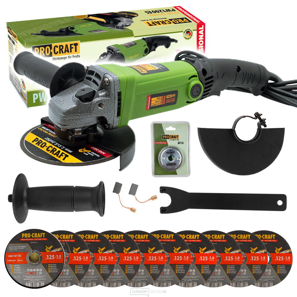 Uhlová brúska Procraft PW1200ES + rýchloupínacia matica RM14, 10x rezný kotúč CD125x1,0b v krabici | SPW1200ES/CD125x1,0b/RM14