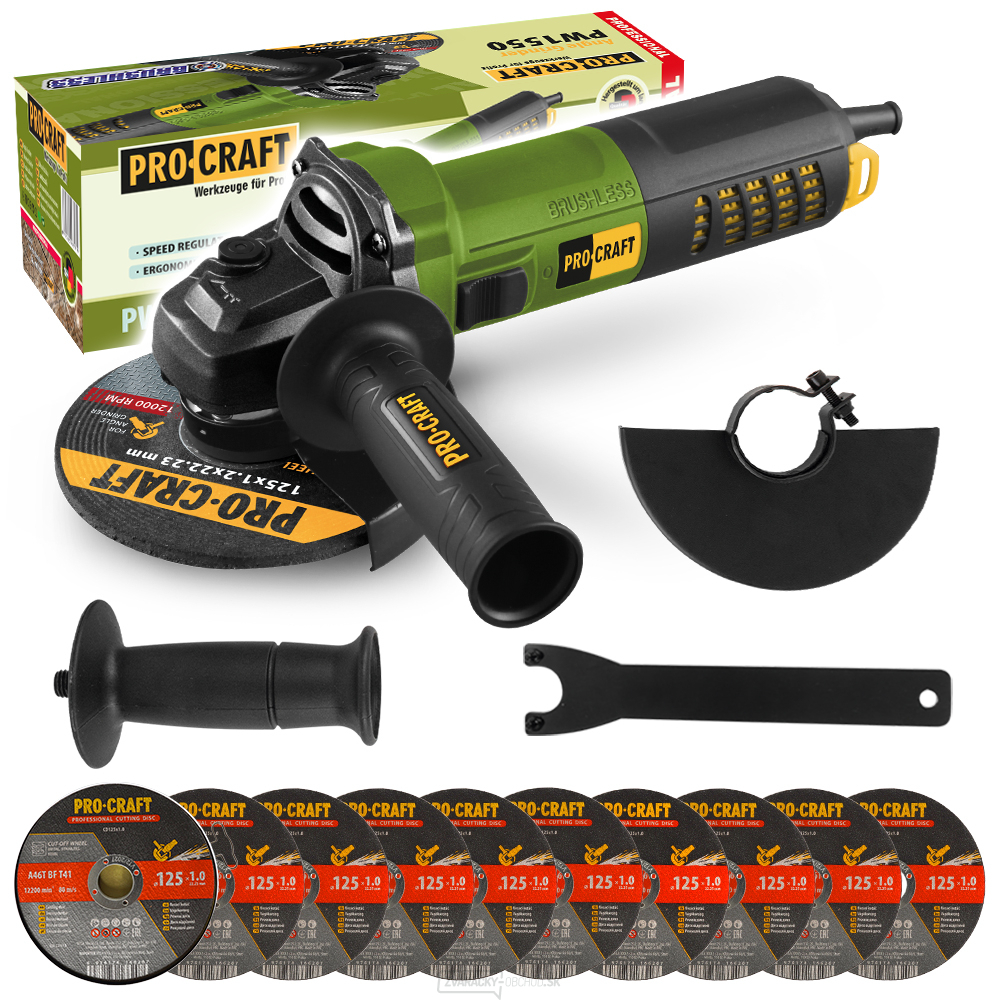 Uhlová brúska Procraft PW1550 + 10x rezný kotúč CD125x1,0b v kovovej krabici | SPW1550/CD125x1,0b