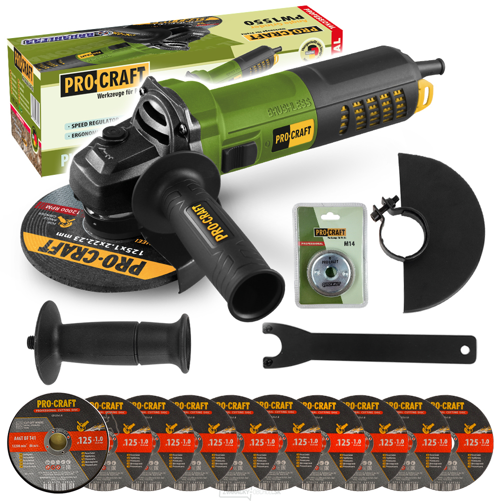 Uhlová brúska Procraft PW1550 + rýchloupínacia matica RM14, 10x rezný kotúč CD125x1,0b v krabici | SPW1550/CD125x1,0b/RM14