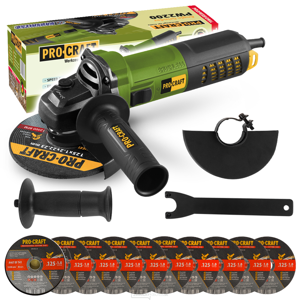 Uhlová brúska Procraft PW2200 + 10x rezný kotúč CD125x1,0b v kovovej krabici | SPW2200/CD125x1,0b