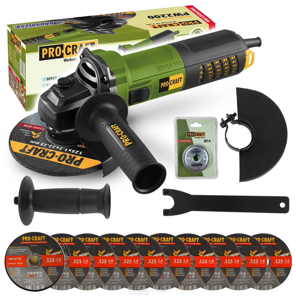 Uhlová brúska Procraft PW2200 + rýchloupínacia matica RM14, 10x rezný kotúč CD125x1,0b v krabici | SPW2200/CD125x1,0b/RM14