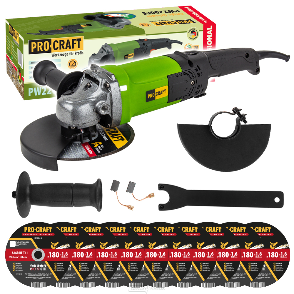 Uhlová brúska Procraft PW2200ES + 10x rezný kotúč CD180x1,6 | SPW2200ES/CD180x1,6
