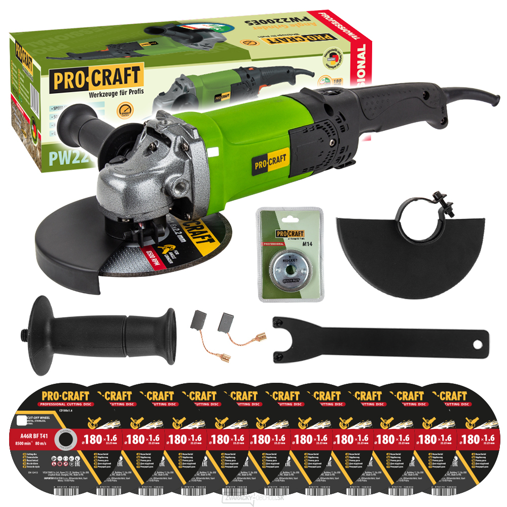 Uhlová brúska Procraft PW2200ES + rýchloupínacia matica RM14, 10x rezný kotúč CD180x1,6 | SPW2200ES/CD180x1,6/RM14