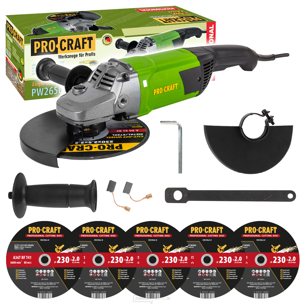 Uhlová brúska Procraft PW2650 + 5x rezný kotúč CD230x2,0 | SPW2650/CD230x2,0