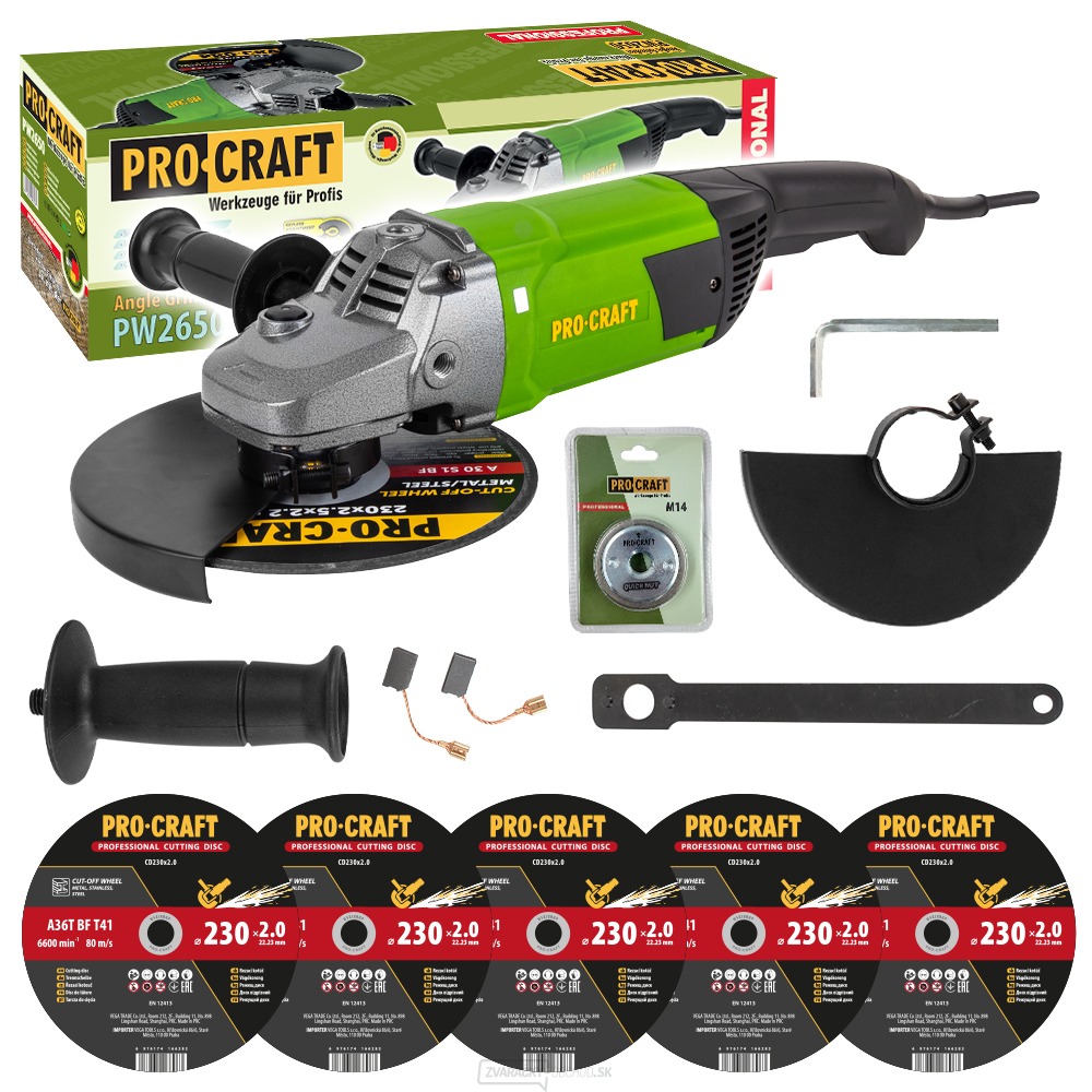 Uhlová brúska Procraft PW2650 + rýchloupínacia matica RM14, 5x rezný kotúč CD230x2,0 | SPW2650/CD230x2,0/RM14