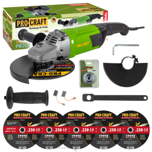 Uhlová brúska Procraft PW2650 + rýchloupínacia matica RM14, 5x rezný kotúč CD230x2,0 | SPW2650/CD230x2,0/RM14 Uhlová brúska Procraft PW2650 + rýchloupínacia matica RM14, 5x rezný kotúč CD230x2,0 | SPW2650/CD230x2,0/RM14 gallery main image