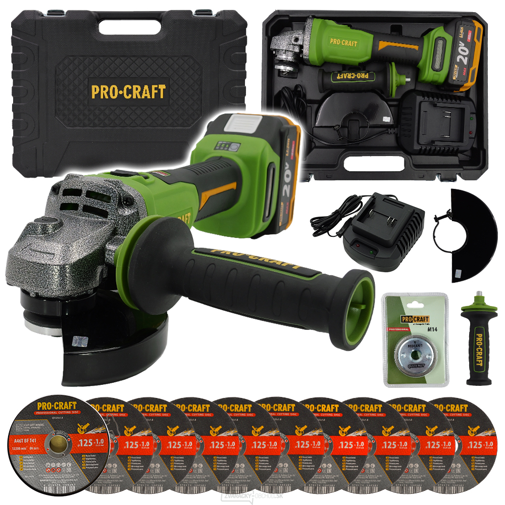Uhlová brúska Procraft PWA220 + rýchloupínacia matica, 10x rezný kotúč CD125x1,0b v kovovej krabici | SPWA220/CD125x1,0b/RM14