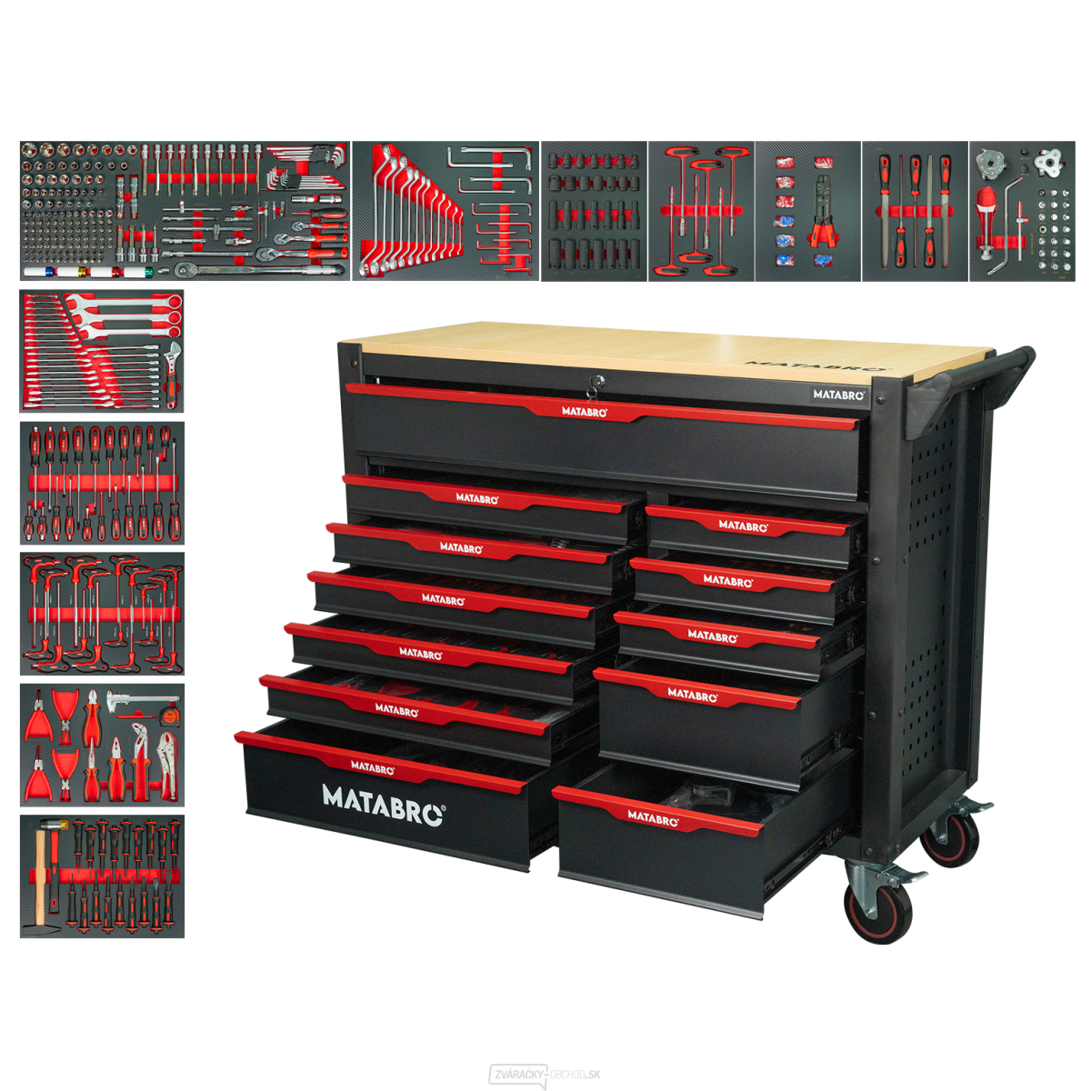 Dielenský vozík s náradím | 12 zásuviek | Červený Matabro MB-TC05 | 542 ks