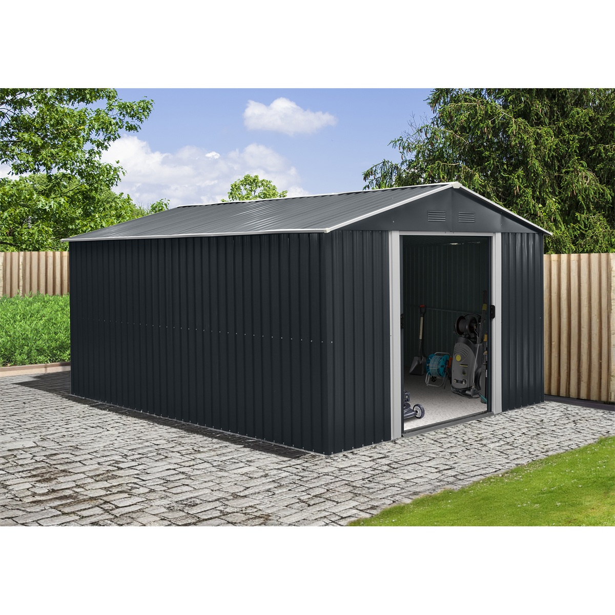 Riwall PRO RMSA 12x10 Anthracite záhradný domček kovový 3 x 3,7 m so sedlovou strechou antracit