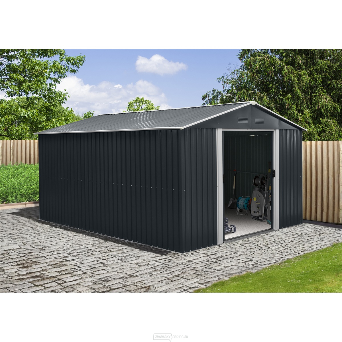 Riwall PRO RMSA 12x10 Anthracite záhradný domček kovový 3 x 3,7 m so sedlovou strechou antracit