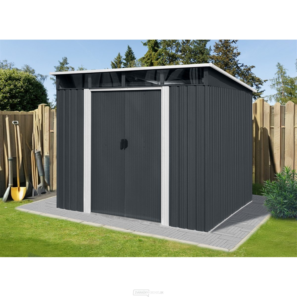Riwall PRO RMSP 9x8 Anthracite LUX záhradný domček kovový 2,4 x 2,8 ms pultovou strechou antracit