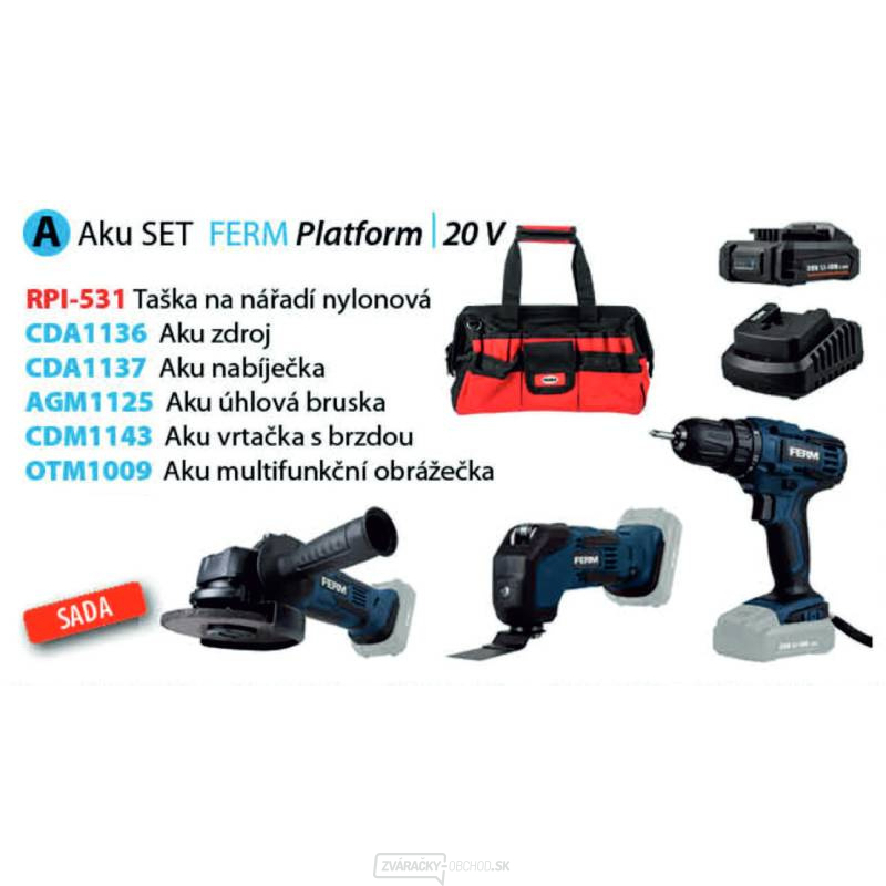 Ferm aku sada náradia A, taška RPI-531, uhlová brúska AGM1125, vŕtací skrutkovač CDM1143, oscilačná brúska OTM1009, zdroj  Ferm aku sada náradia A, taška RPI-531, uhlová brúska AGM1125, vŕtací skrutkovač CDM1143, oscilačná brúska OTM1009, zdroj  gallery main image