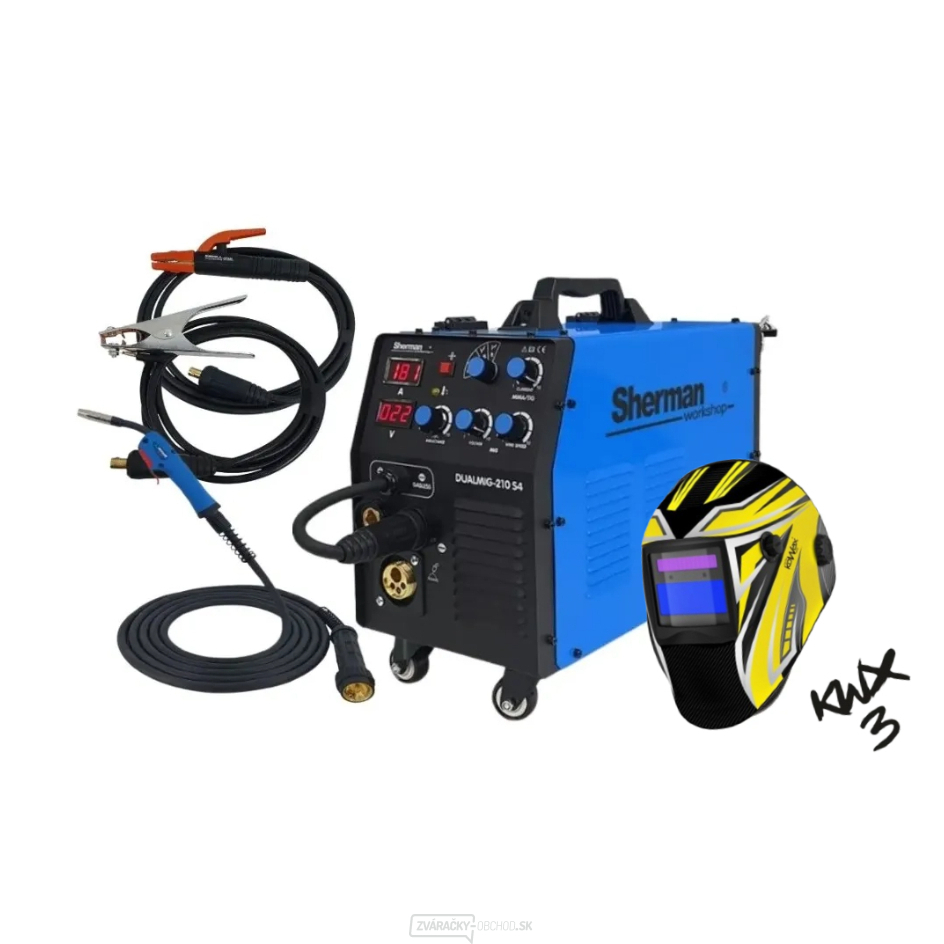 Sherman Invertorová zváračka DUALMIG 210 S4 s kolieskami a policou na fľaše + Horák + Káble + Kukla