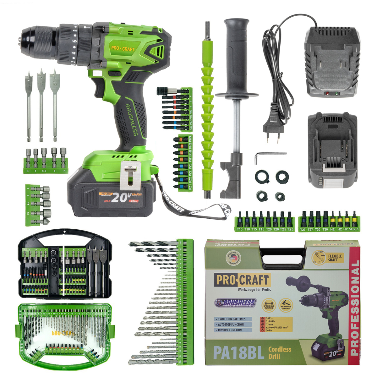 Aku vŕtací skrutkovač s príklepom Procraft SPA18BL Brushless so sadou bitov DBS-101 | SPA18BL/DBS101 SPA18BL/DBS101