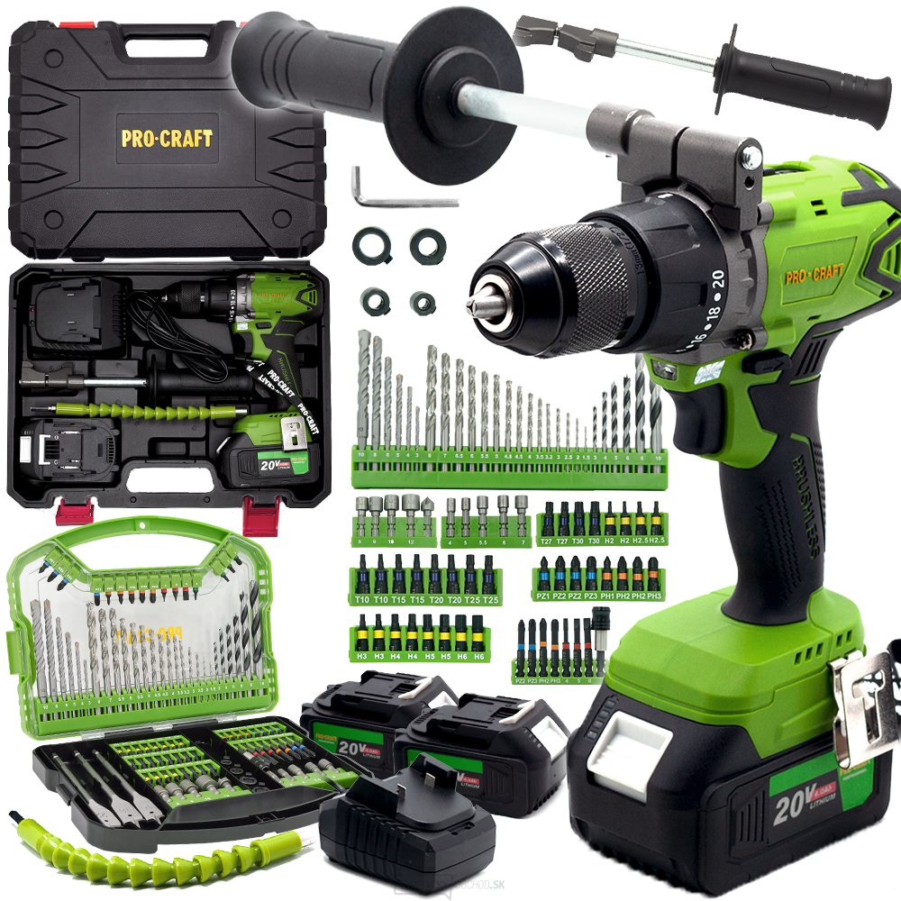 Aku vŕtací skrutkovač s príklepom Procraft SPA18BL Brushless so sadou bitov DBS-101 | SPA18BL/DBS101