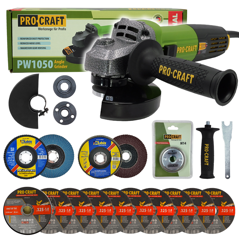 Brúska uhlová Procraft PW1050 + rýchloupínacia matica, 10x rezný kotúč, 2x lamelový kotúč | SPW1050/RM14 SPW1050/RM14