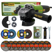 Brúska uhlová Procraft PW1050 + rýchloupínacia matica, 10x rezný kotúč, 2x lamelový kotúč | SPW1050/RM14 Brúska uhlová Procraft PW1050 + rýchloupínacia matica, 10x rezný kotúč, 2x lamelový kotúč | SPW1050/RM14 gallery main image