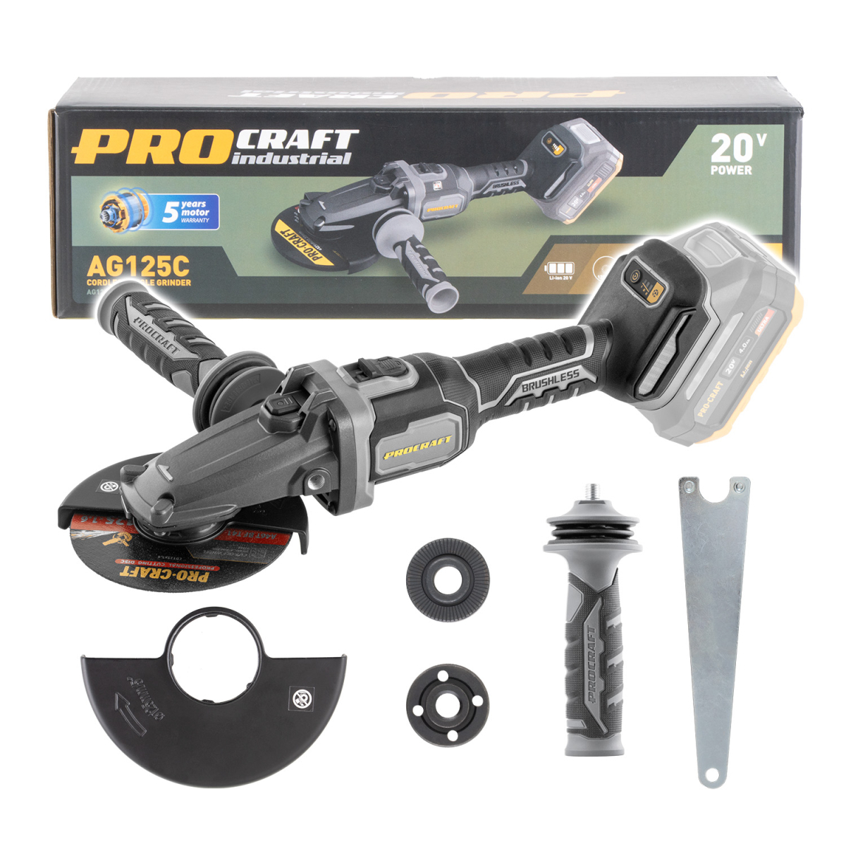E-shop Aku uhlová brúska s plochou hlavou Procraft Industrial AG125C (bez batérie a nabíjačky) | AG125C bb AG125C bb