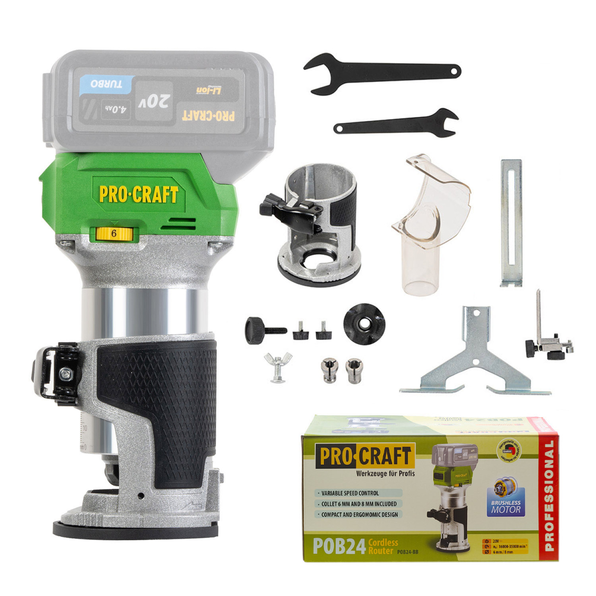 Aku frézka horná Procraft POB24 príslušenstvom 3v1 (bez batérie a nabíjačky) | POB24bb POB24bb