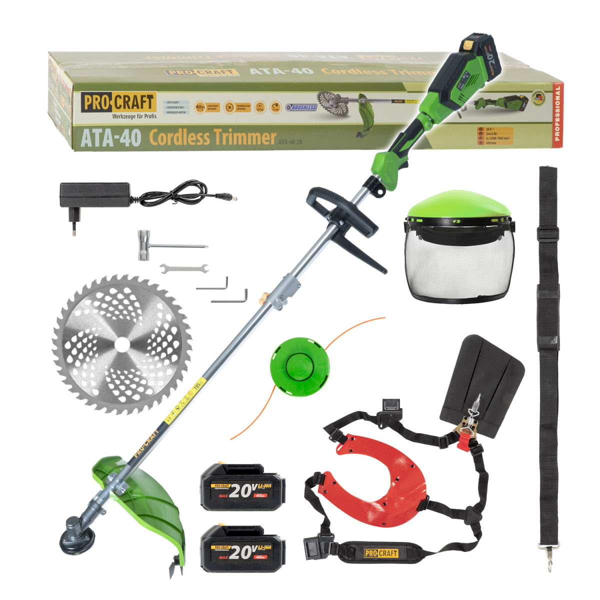 Aku krovinorez Procraft ATA-40 + dvojramenný popruh a ochranný štít | ATA-40/20SH/CH/FACE-GUARD ATA-40/20SH/CH/FACE-GUARD