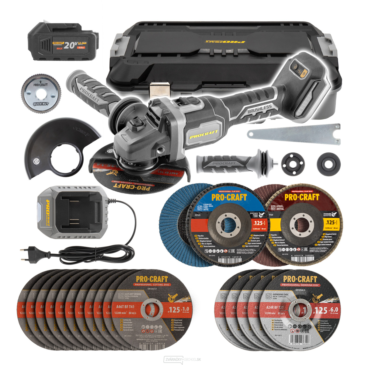 Aku brúska uhlová Procraft AG125B + 10x rezný, 4x lamelový, 5x brúsny kotúče, rýchloupínacia matica | SAG125B-CD