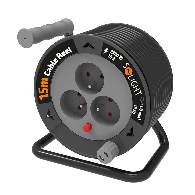 Solight predlžovací prívod na bubne 15m, 3 zásuvky, čierny kábel, 3x 1,0mm2 PB24B