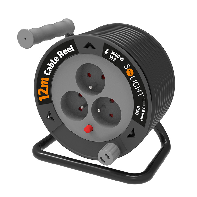 Solight predlžovací prívod na bubne 12m, 3 zásuvky, čierny kábel, 3x 1,5mm2 PB24