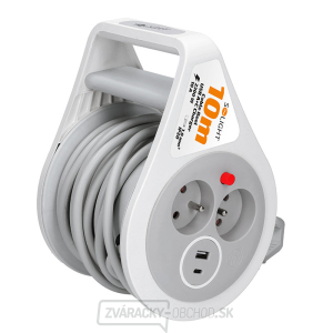 Solight predlžovací prívod na bubne 10m, USB A + C, 2 zásuvky, šedý kábel, 3x 1,0mm2 gallery main image